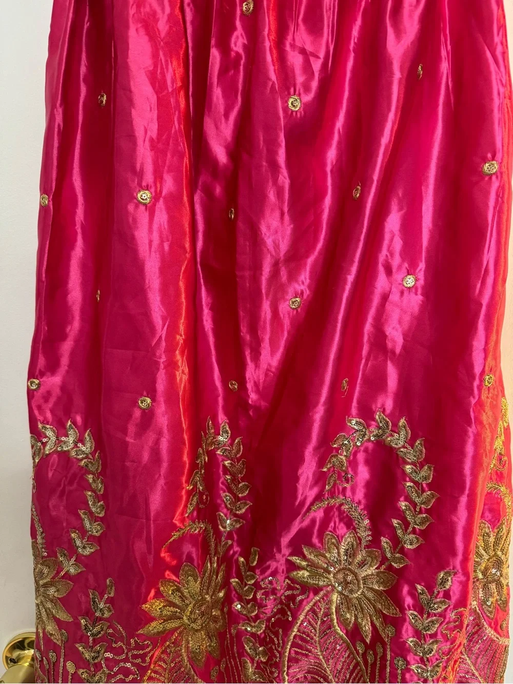 Embroidered Satin Midi Skirt in Hot Pink with Gold Accents - Picture 6 of 8